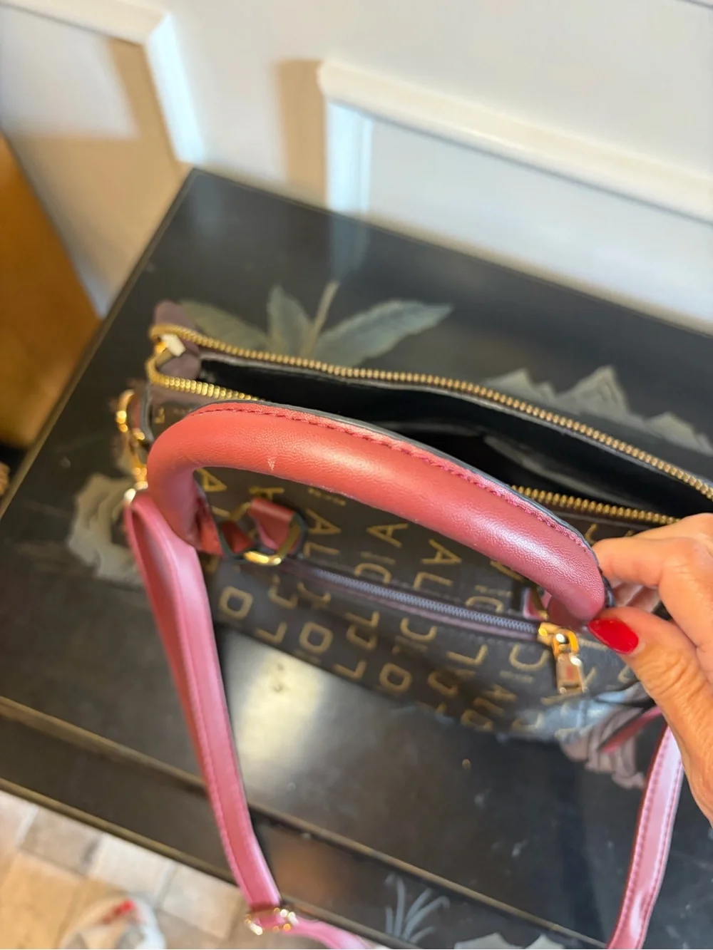 Aolida Monogram Satchel with Burgundy Trim and Strap